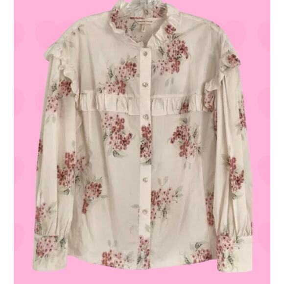 Rebecca Taylor Maia Ivory & Pink Floral Ruffled Victorian Cotton Blouse Sz 10 L - Picture 4 of 12